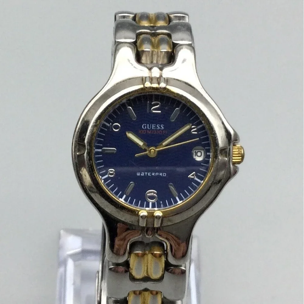 Vintage Guess Waterpro Womens Watch 26mm Blue Dial Two Tone Date New Battery 7